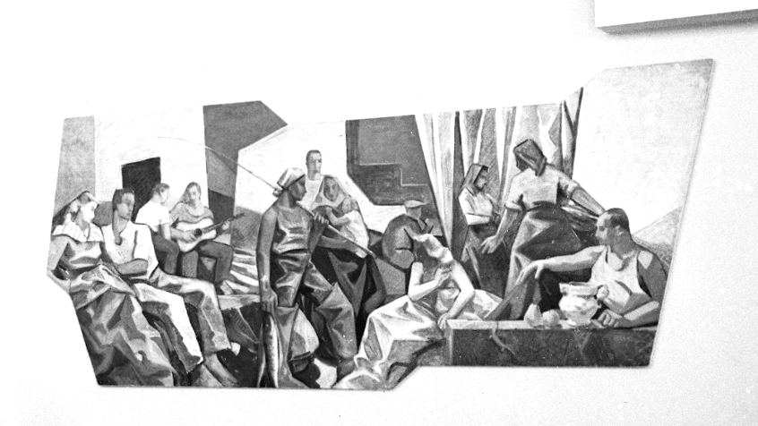 Pavia, piazzale Ponte Ticino, interno del bar Cremeria con il dipinto Vita sul Ticino di Emilio Testa, 1950 (CHL M_56_15_004)
